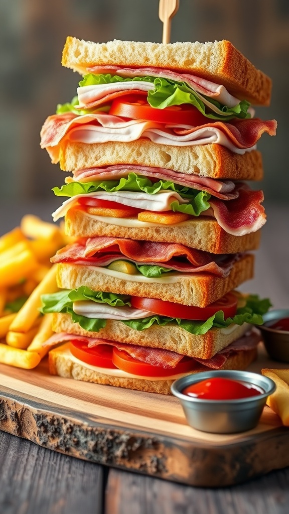 A delicious club sandwich with layers of turkey, ham, bacon, lettuce, and tomato on a wooden board with fries and ketchup.